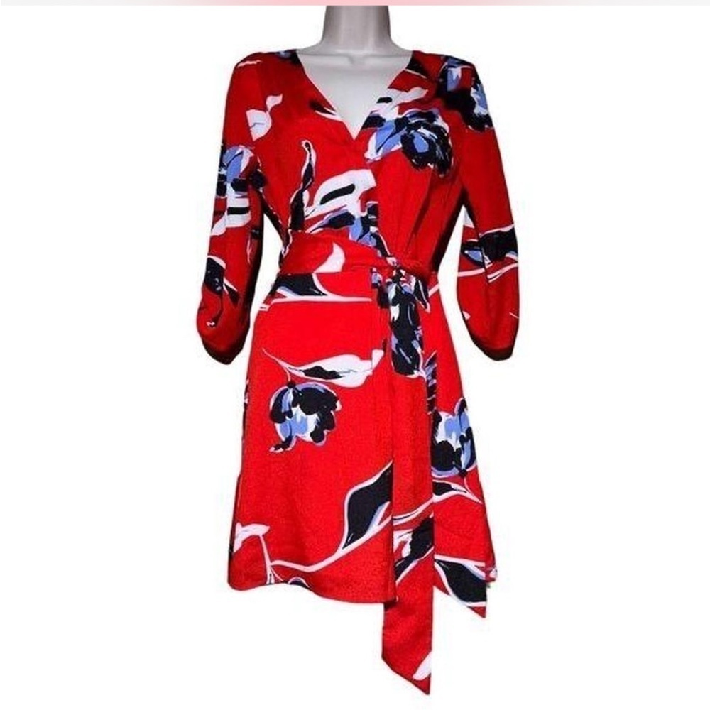 Yumi Kim Red Floral Faux Wrap Tie Waist Dress